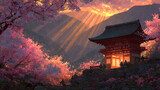 Solstrålar över japansk tempeltrappa