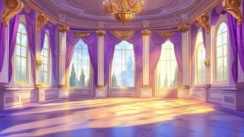 A royal castle ballroom featuring elegant columns and gold chandeliers.