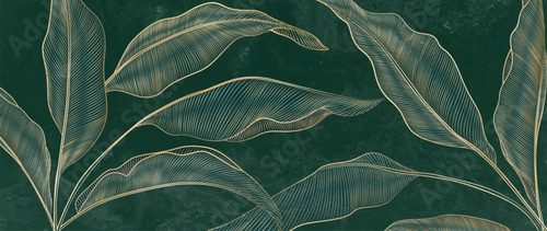 Abstract luxury art dark background with tropical palm leaves in golden line style. Botanical banner for wallpaper, decor, print, poster, textile, packaging, interior design.