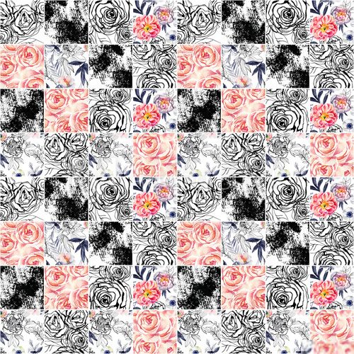 Abstract squares seamless pattern: watercolor, ink doodle flowers, leaves, weeds.