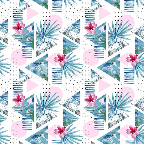 Abstract summer geometric background with exotic flower and leaves