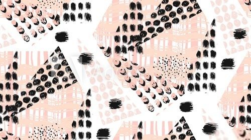 Abstract unusual hand made geometric seamless pattern or background with glitter, sharpen textures, brush painted elements. Poster, card, textile, wallpaper template.Pastel, black and white colors.