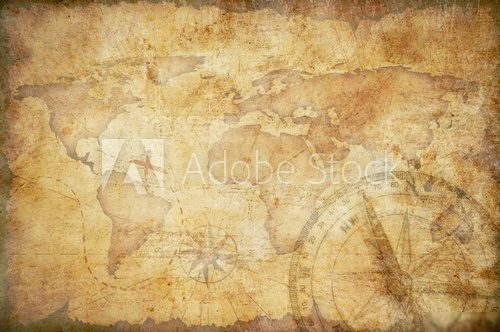 aged treasure map, ruler, rope and old brass compass still life