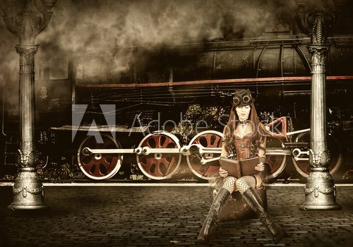 Steampunk and retro-futurism style. Woman traveler