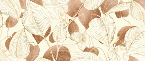 Botanical art background with brown and white leaves and gold line art elements. A natural pattern for wallpaper, banners, textiles, packaging, prints, and interior design.
