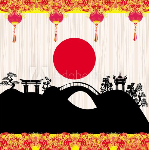 Chinese New Year card - Traditional lanterns and Asian buildings