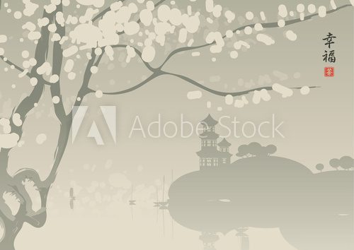 Chinese village on the lake with pagoda and cherry blossoms