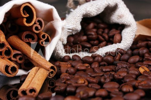 Coffee beans in canvas sack close-up