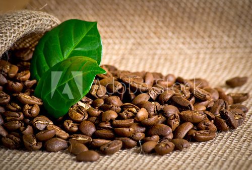 Coffee grains with bag and leaves on sackcloth