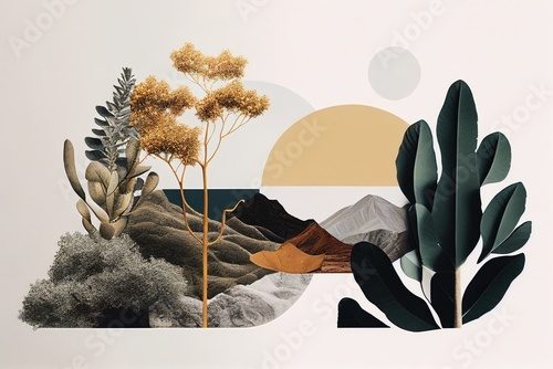 collage artistique d'images de nature avec arbres et éléments naturels,  formes géométriques