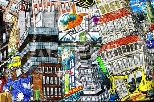 City, an illustration of a large collage, with houses, cars and people