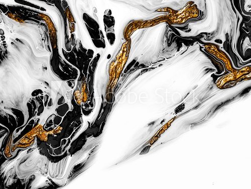 Creative abstract hand painted background, wallpaper, texture, close-up fragment of acrylic painting on canvas with brush strokes. Modern art. Black and white with gold background. Contemporary art.