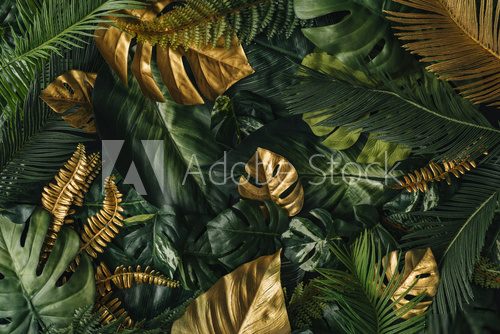 Creative nature background. Gold and green tropical palm leaves. Minimal summer abstract jungle or forest pattern. White paper frame copy space.