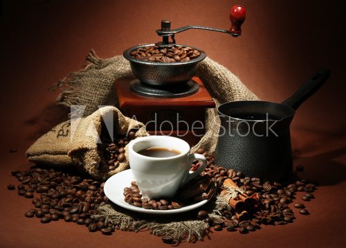 cup of coffee, grinder, turk and coffee beans