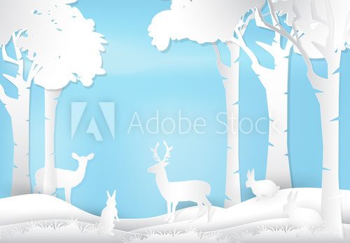 Deer and rabbit standing in forest. Nature landscape background  paper art style illustration.