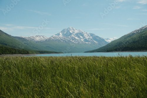 Eklutna Lake in Anchorage Alaska with luscious green grass