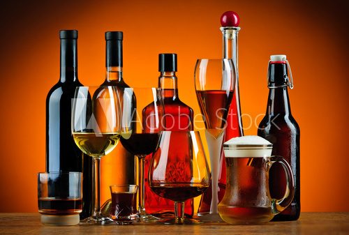 Bottles and glasses of alcohol drinks
