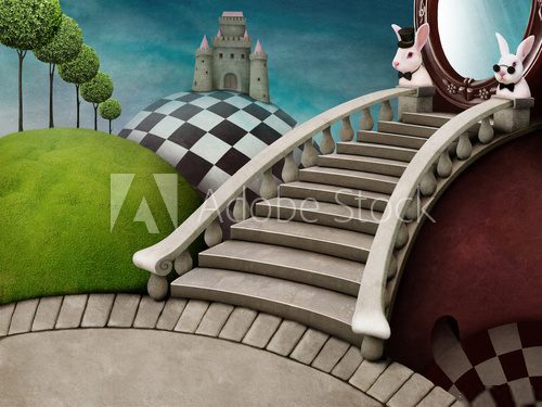 Fabulous background with staircase and mirror for poster or illustration adventure Wonderland