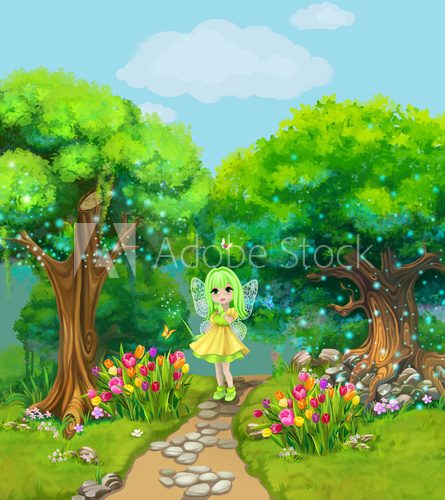 Fairy walking on a path through the magical forest. Illustration for children.