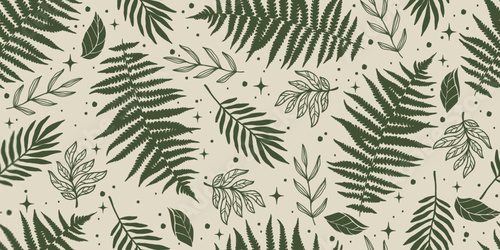 Fern Leaf Vector Seamless Pattern Background Illustration. Green Pattern with fern leaves, stars.