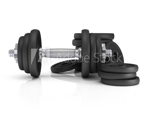 Fitness exercise equipment dumbbell weights on white background.