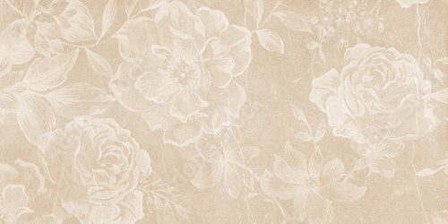 Flowers on the old white wall background, digital wall tiles or wallpaper design