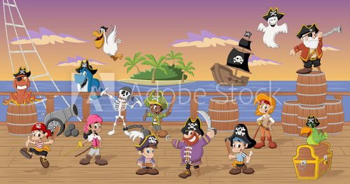 Group of cartoon pirates with funny animals on a decks of a ship