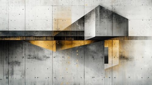 Grunge photo wallpaper featuring geometric abstraction on a concrete backdrop with gold accents Ideal for wallpaper fresco or mural applications