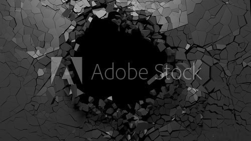 Hole on a broken black wall blank space. 3d illustration.