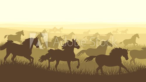 Horizontal illustration herd of horses.