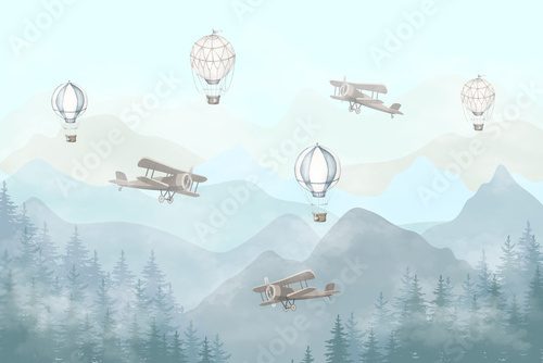 Illustration of flying planes and balloons with a blue background. Slightly misty forest and high mountains. Kids wallpaper style.
