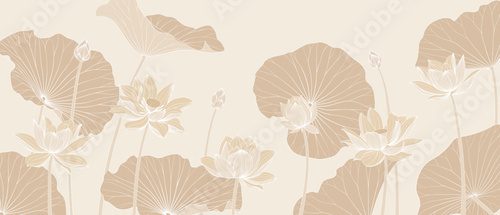 Luxury vector background with lotus flower, leaves and buds. Elegant floral wallpaper in minimalistic linear style.