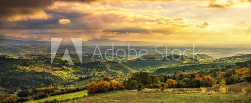 Maremma panorama. Countryside, hills and sea on horizon. Italy