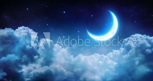 Romantic Moon In Starry Night Over Clouds
