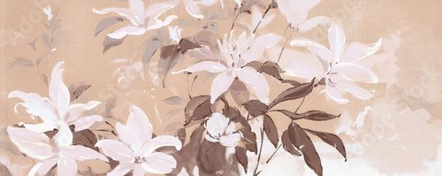 Oil painting with flowers tropical, leaves. Botanical print background on canvas - floral triptych In Interior, art.	