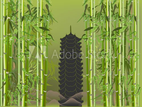 pagoda in green bamboo illustration