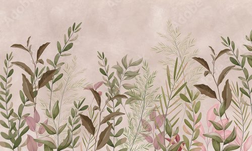Photo wallpapers for walls. Beautiful leaves on a beige background. A mural for a room. Painted grass.