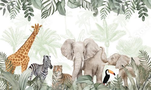 Playful Animal Kingdom Mural: African Wildlife & Tucan in Earthy Tropical Scene