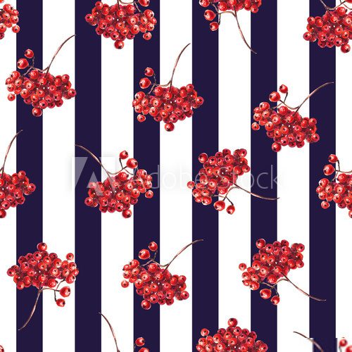 Red rowan berries pattern, striped seamless black pattern