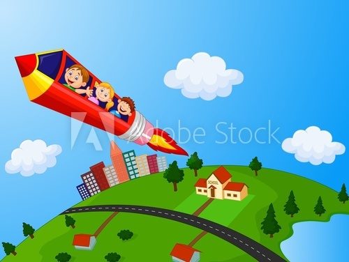 School Children Enjoying Pencil Rocket Ride