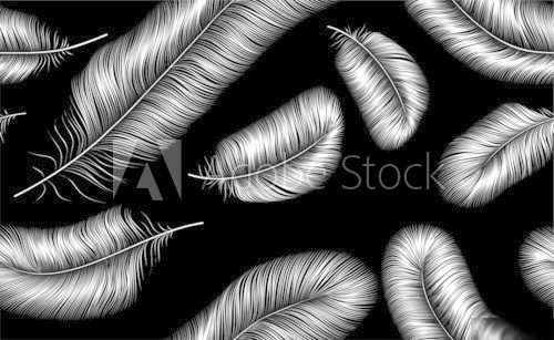 Seamless background with white feathers on black background