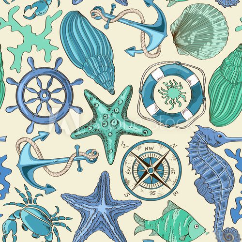 Seamless pattern of sea animals and nautical elements