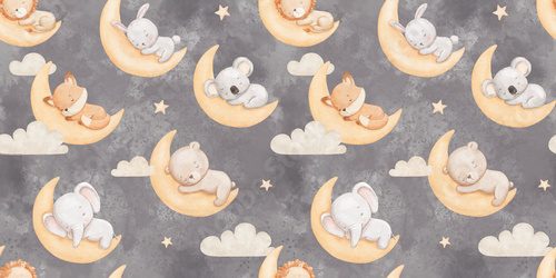 Seamless pattern with baby animals sleeping on moon, watercolor illustrations. Cute elephant, bear and fox, repeating design for nursery