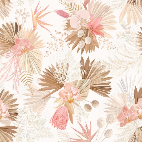 Seamless tropic floral pattern, pastel dry palm leaves, watercolor boho tropical flower, orchid, protea