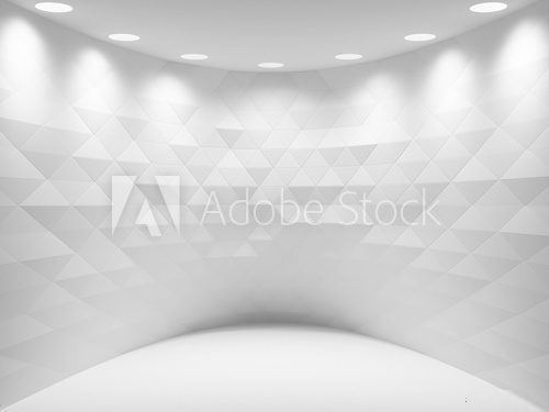 Abstract white interior background, room with triangle background and soft illumination. Digital 3d illustration, computer graphic.