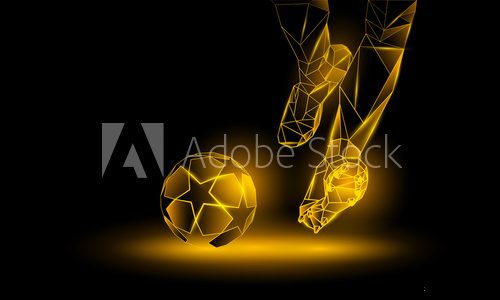 Soccer yellow neon background. Polygonal Football Kickoff illustration. Legs and soccer ball.
