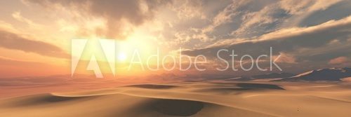 Sand desert at sunset under the sky with clouds.
