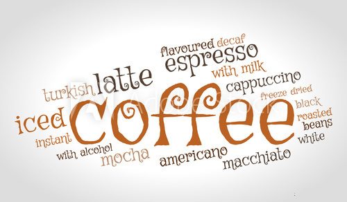Stylish coffee word cloud on gradient background. Drink concept.