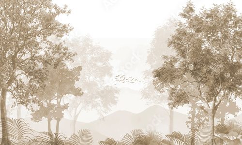Subtle Nature Wall Mural: Faded Sepia Trees & Abstract Forest Background