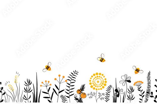Vector nature seamless background with hand drawn wild herbs, flowers and leaves on white. Doodle style floral illustration.